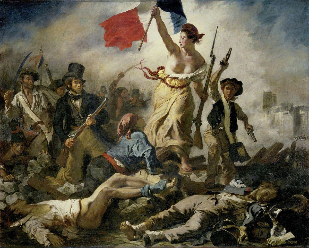 A bare-chested woman holds up the French flag in retaliation to the tyrannical monarchy. 