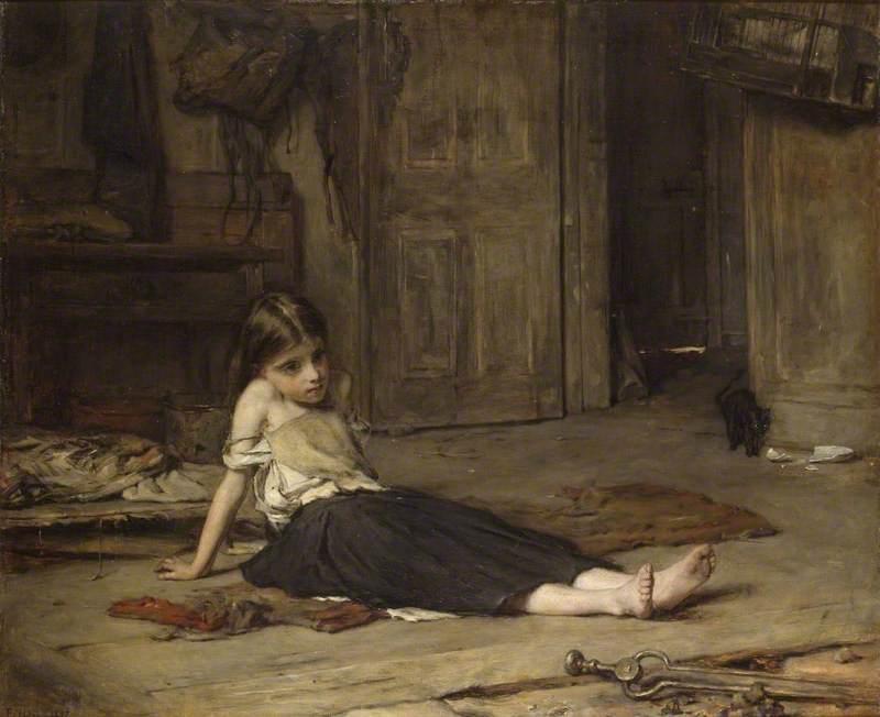 "Holl made his name as a painter of genre subjects, before turning to portraits. This painting was one of his earliest successes when exhibited at the Royal Academy in 1867. A young girl gazes into the fire, oblivious of the cat whose saucer is broken. The birdcage, a common attribute of servitude, indicates that she is a servant or a hard-worked daughter of the house."