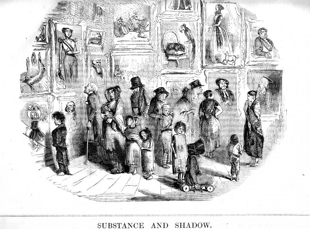 Illustration of the poor viewing portraits of wealthy people