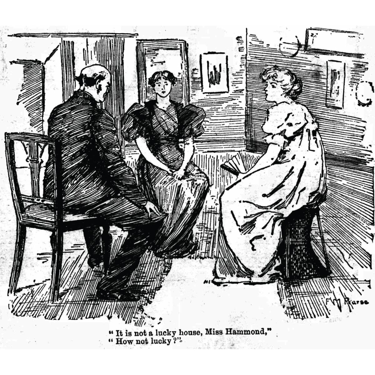 Helen, Lota, and the lawyer sit in a circle inside.