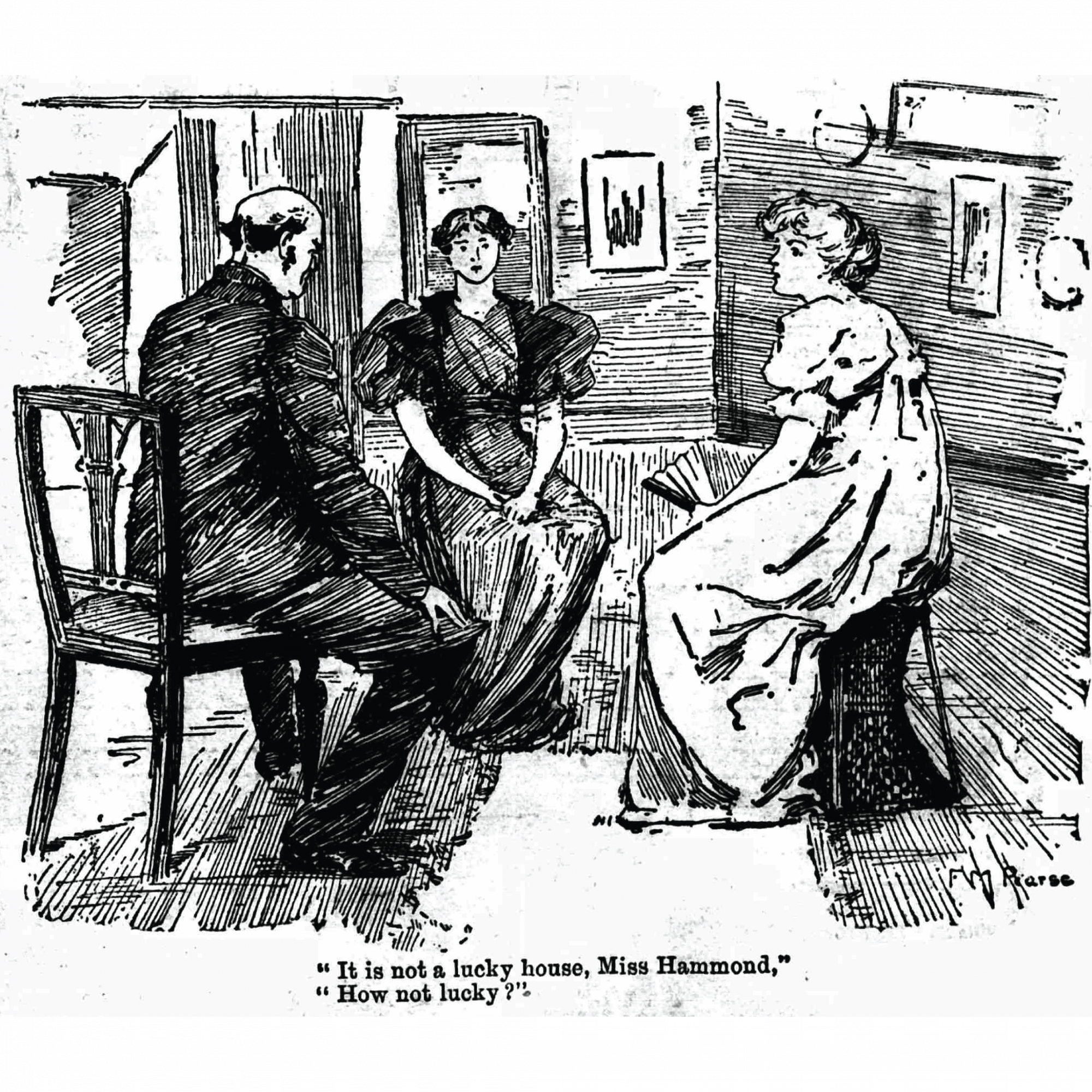 Helen, Lota, and the lawyer sit in a circle inside.