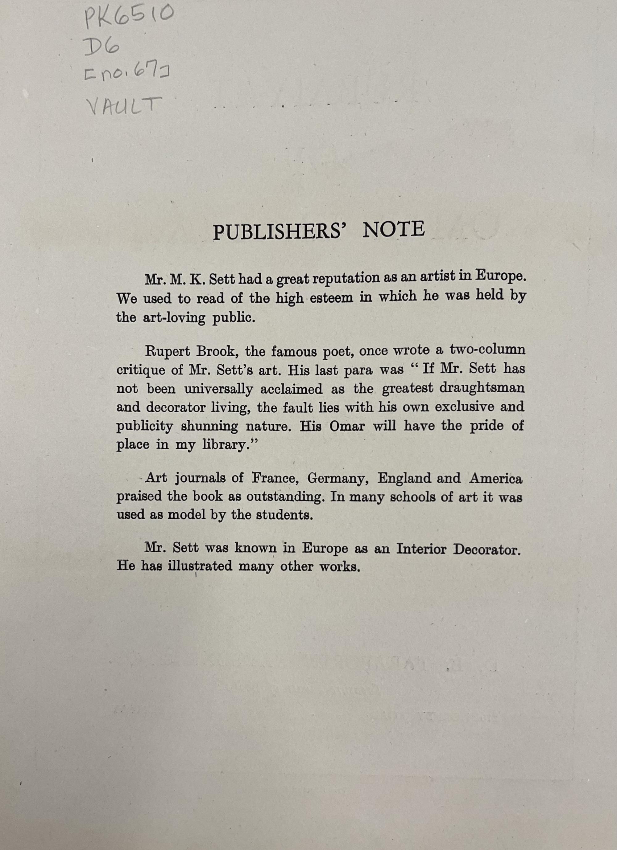 publishers' note to the 1946 edition of Rubáiyát of Omar Khayyám about illustrator M.K. Sett