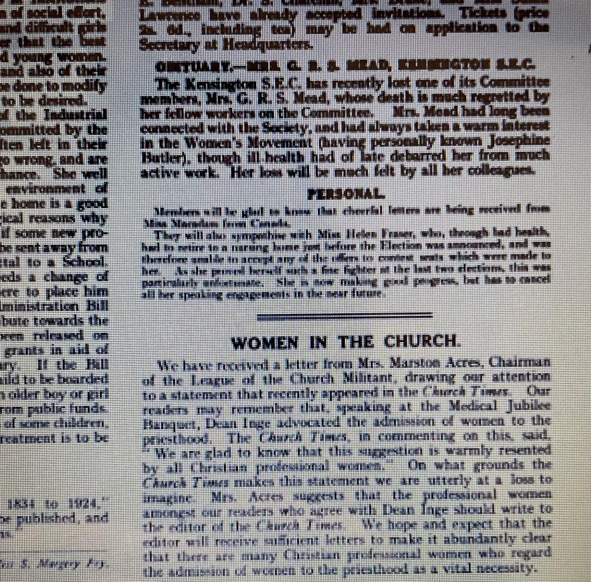 A picture of a section from a page in The Common Cause newspaper explaining perspective on women in the church.