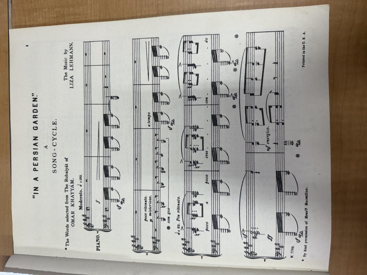 The cover of the edition includes the decorative design of pillars and arches with flowers, along with the title and information on the piece, Cover of the Leaflet, rested inside the score, First page of the score