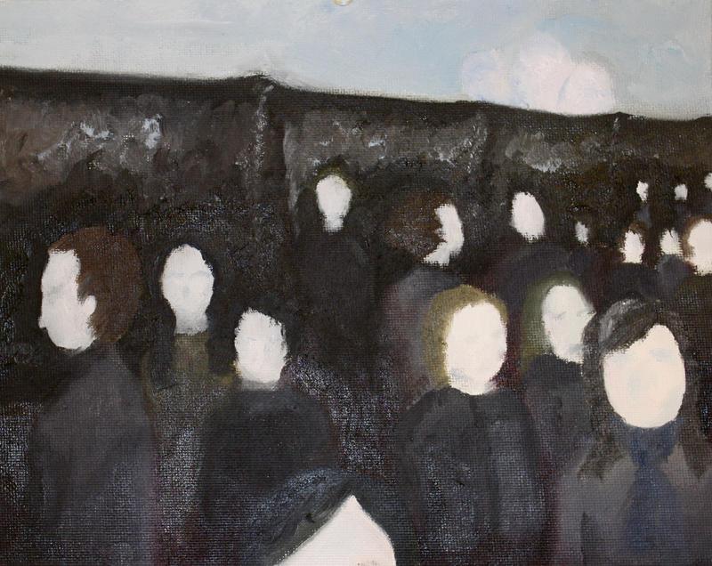 A painting of a small crowd of faceless figures. Their hair colors are distinct, and shadows under the brows, chin, and nose give the impression of faces, but there are no distinct facial features on any of them. The enviornment seems to be an underground train station, with dark walls and a white ceiling.