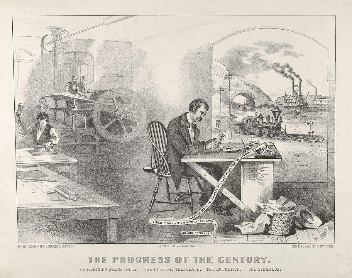 A seated man communicating by telegraph, men working on a printing press, a boy working at a table, and a train and steamboat in the background. 