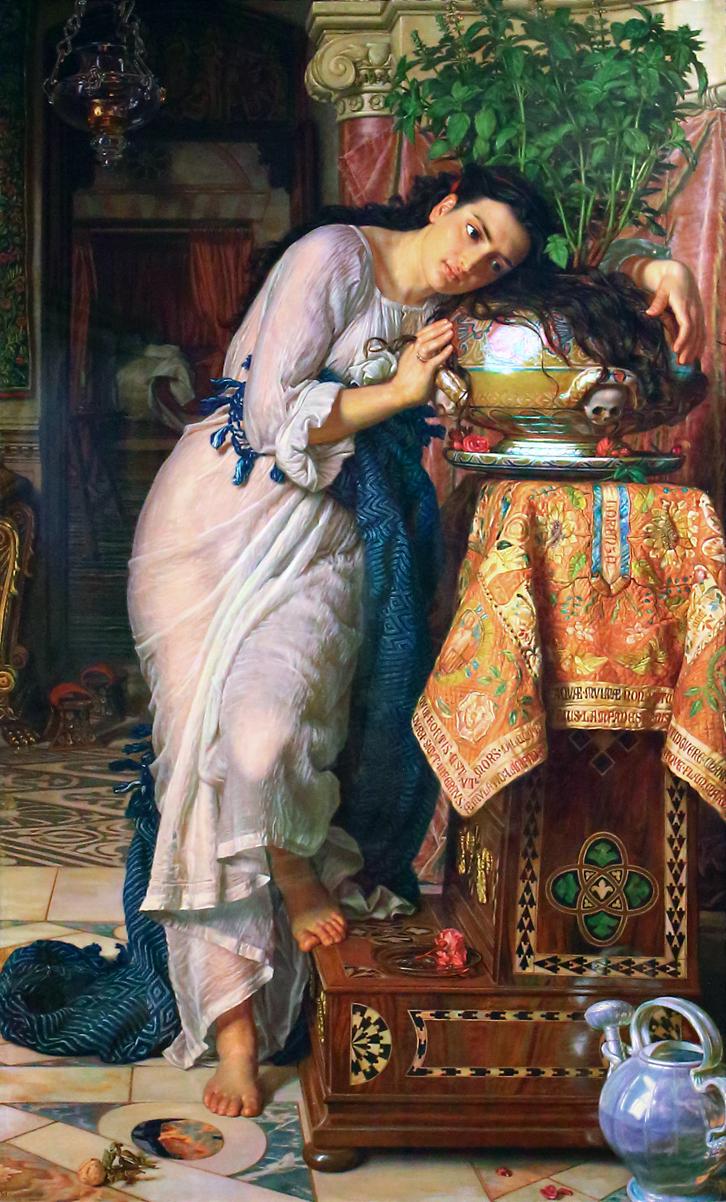 Hunt's painting shows Keats' Isabella leaning toward her pot of basil, with her long dark hair draped over the pot