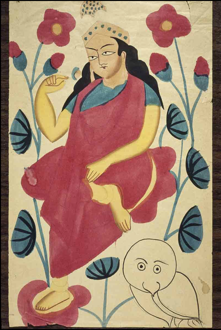 ca.1875 ink and opaque watercolor in the Kalighat style of Lakshmi from West Bengal