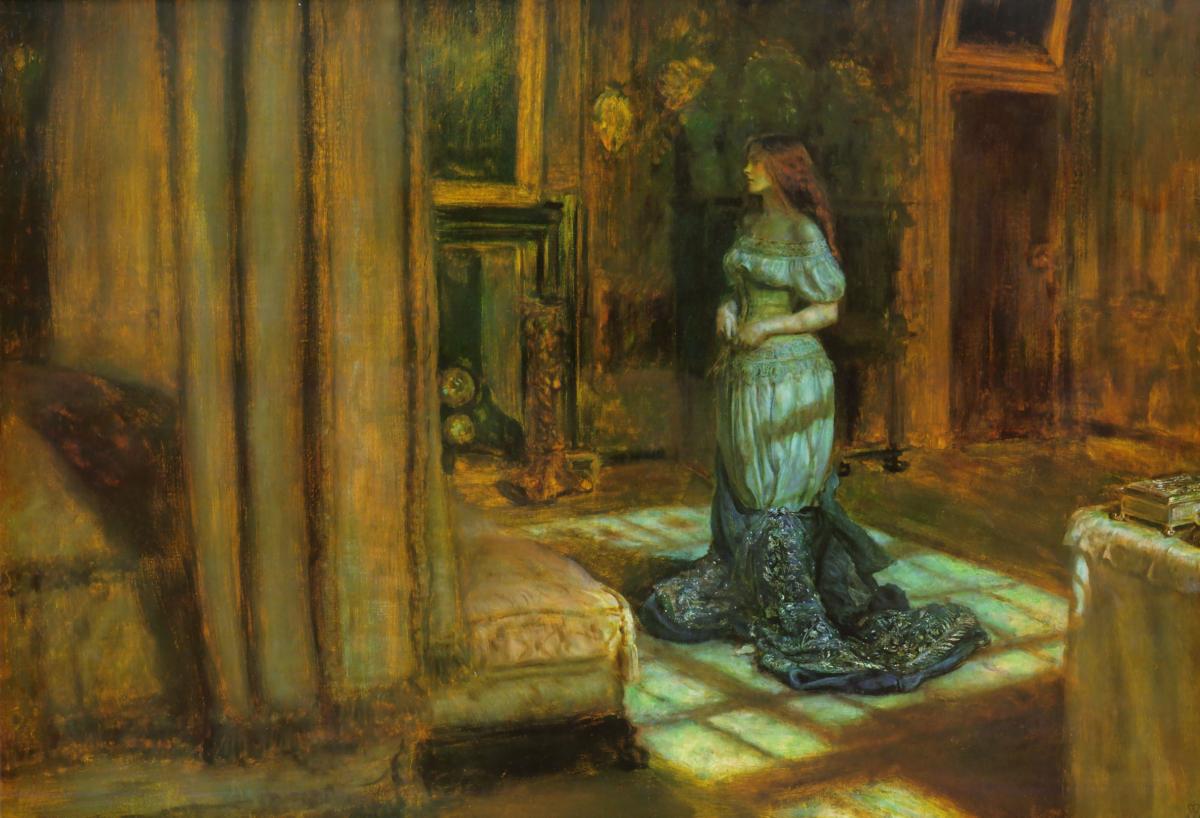  The protagonist of John Keats' Eve of St Agnes Madeline stands in the middle of a bedroom in her bodice with her dress around her knees. She is lit with a lattice effect from a stained glass window which bathes her in a teal light. She is at the foot of a four poster bed. 
