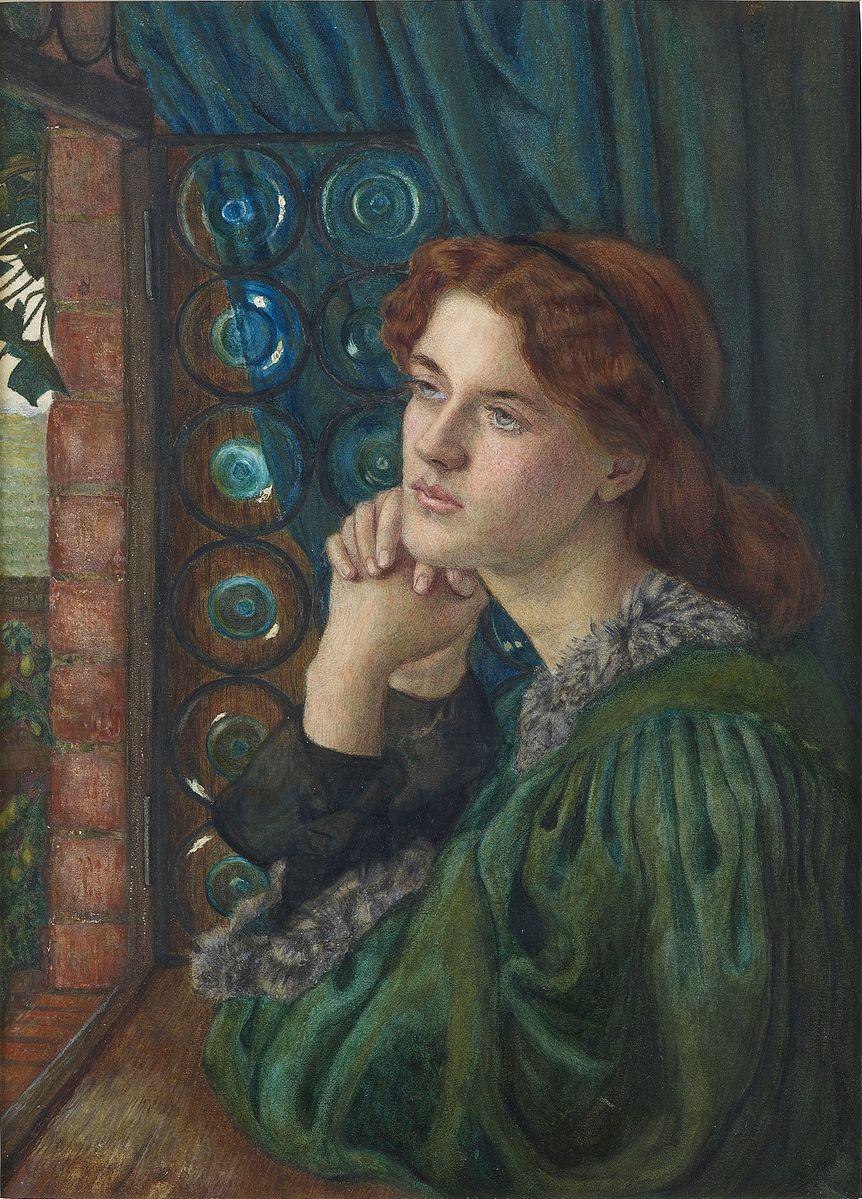 Alternate Text: A woman in a green dress sits in front of an open window with a blue curtain behind her. She is look into the distance, not at the viewer, or out of the window but off to the left hand side of the image