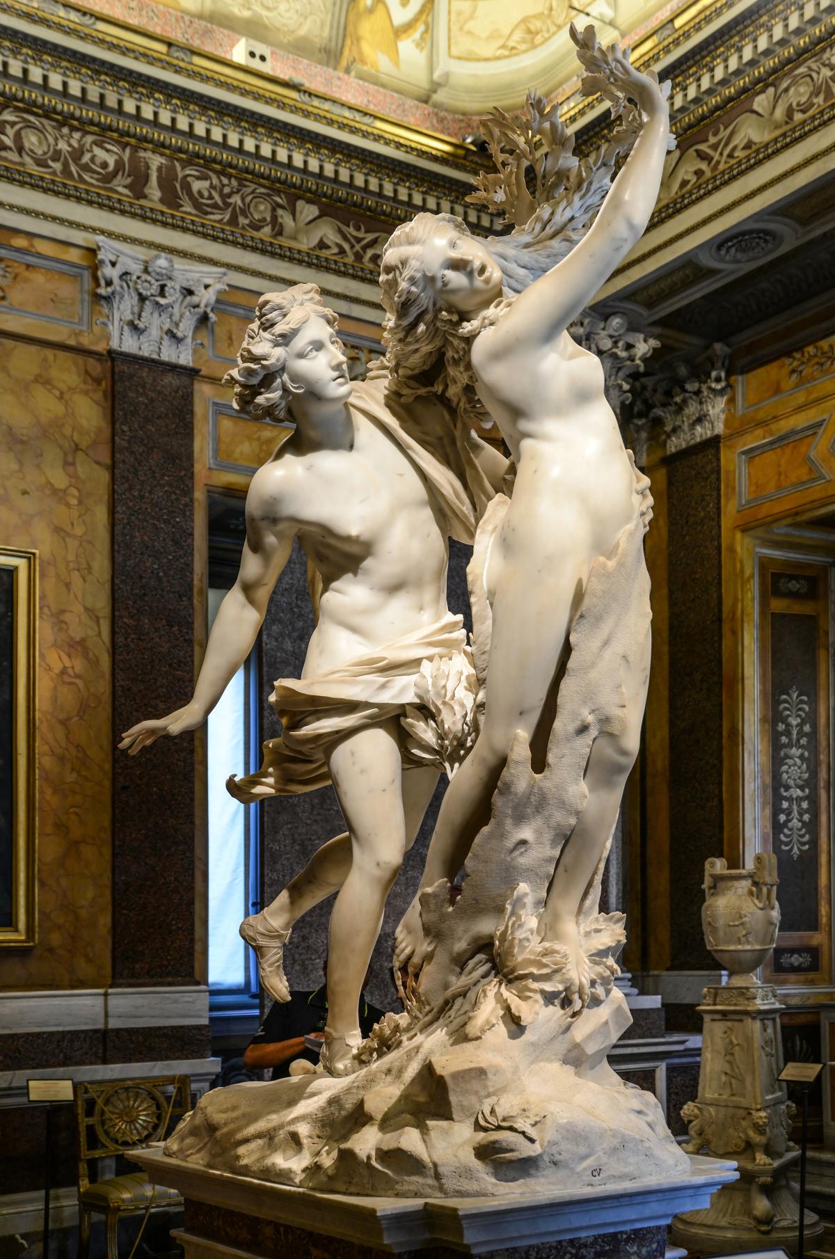 This seventeenth-century, Baroque sculpture, "Apollo and Daphne" by Gian Lorenzo Bernini, depicts one of the earliest transformations in the Metamorphoses, where the nymph Daphne transforms into the laurel tree to escape Apollo’s possessive pursuit.