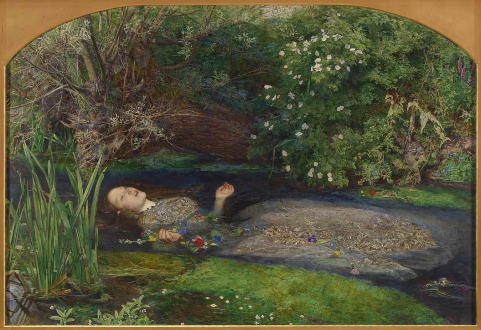 A painting depicting Shakespeare's 'Ophelia' who lay in a lake after dying, surrounded by green vegetation