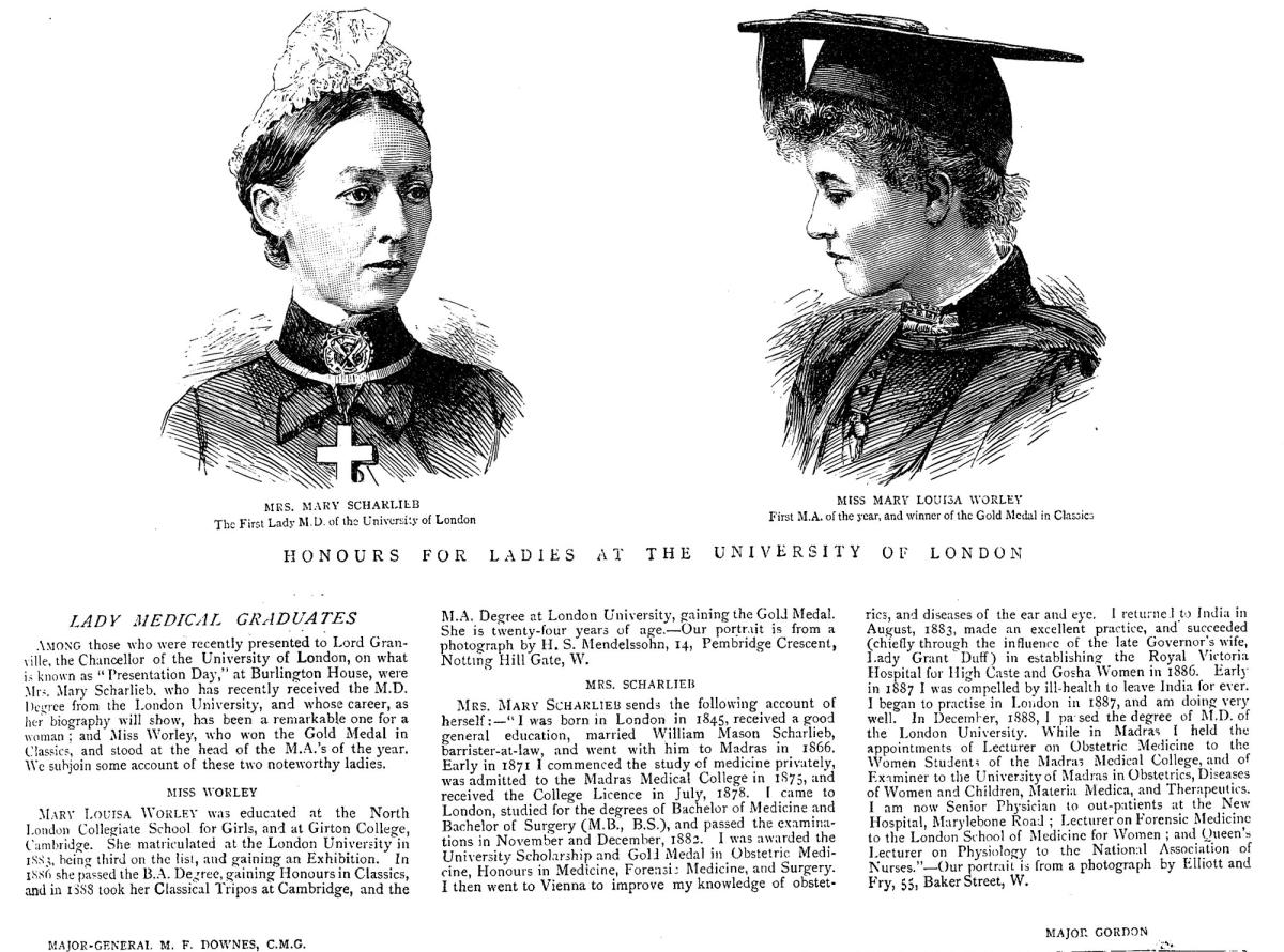 Articles about Mary Louisa Worley and Mary Scharlieb, two female medical graduates at the University of London