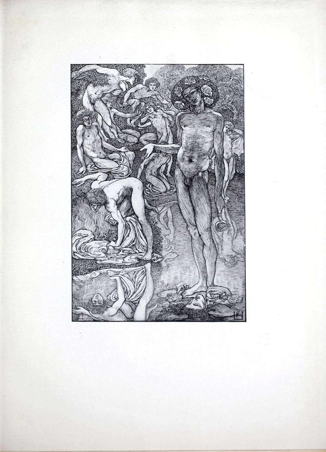 The black-and-white line drawing shows a naked man with flowers in his hair int he foreground at right, gesturing to a group of naked men grouped on the river bank behind him.