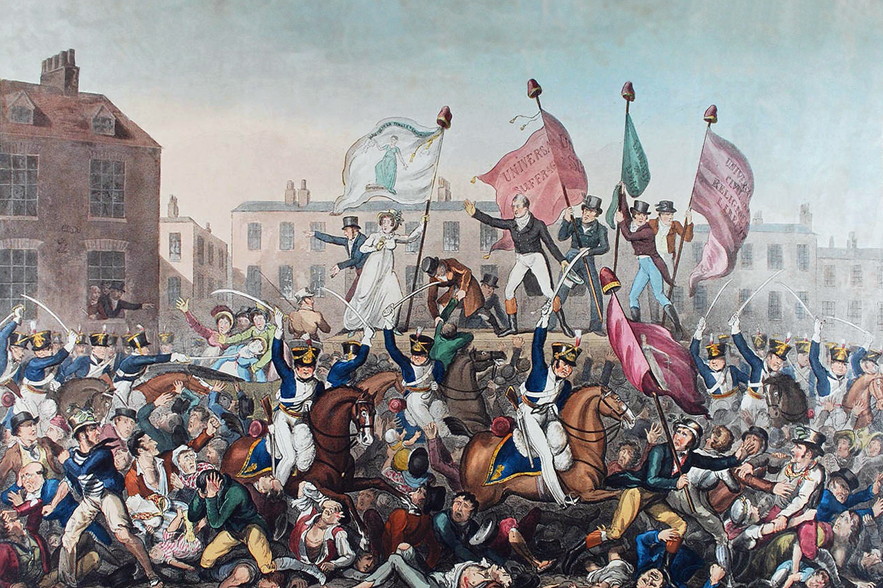 Black and White artist depiction of the Peterloo Massacre where horses were to trample people.
