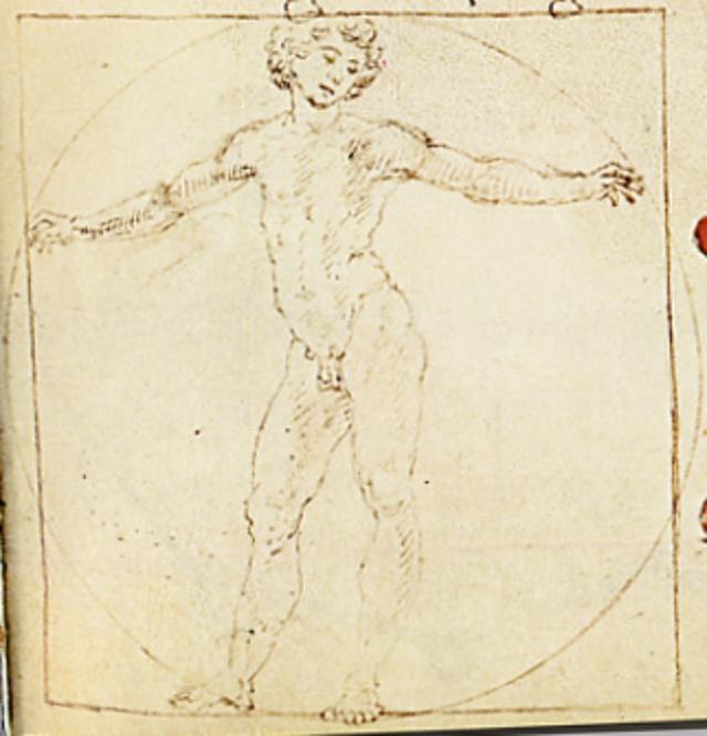 Francesco di Giorgio’s sketch of Vitruvian Man features a semi-turned male figure enclosed within a perfect circle centered around the genitals. 