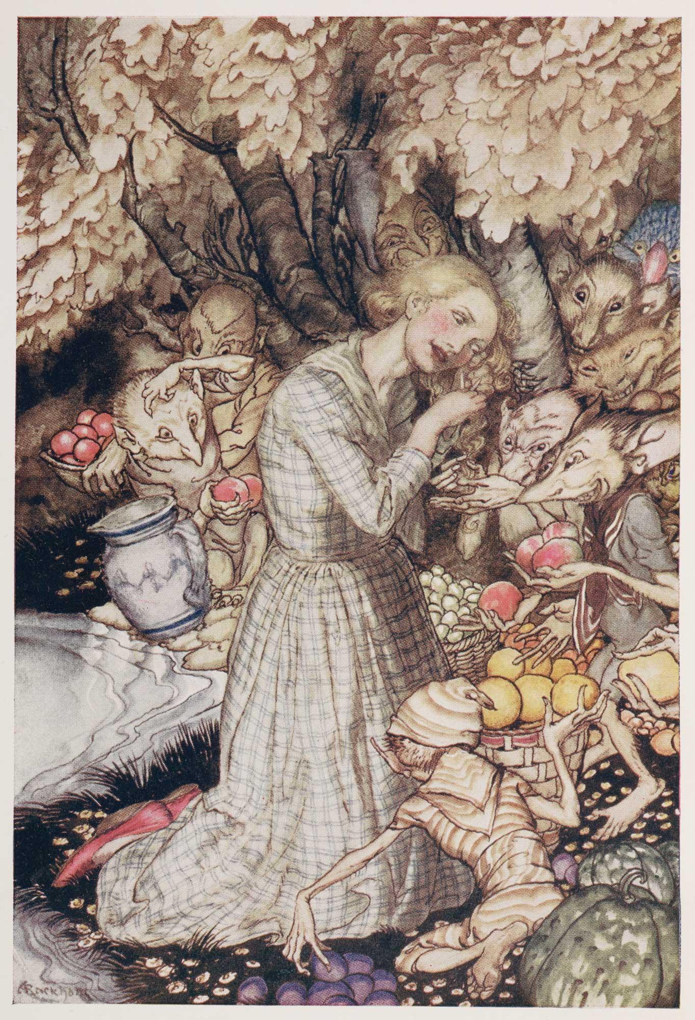 Laura gives a lock of hair, Goblin Market, illustrated by Arthur Rackham