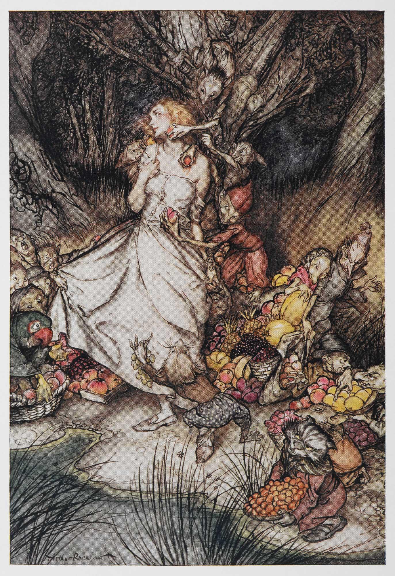 Lizzie Attacked by Goblin Men, Goblin Market illustrated by Arthur Rackham