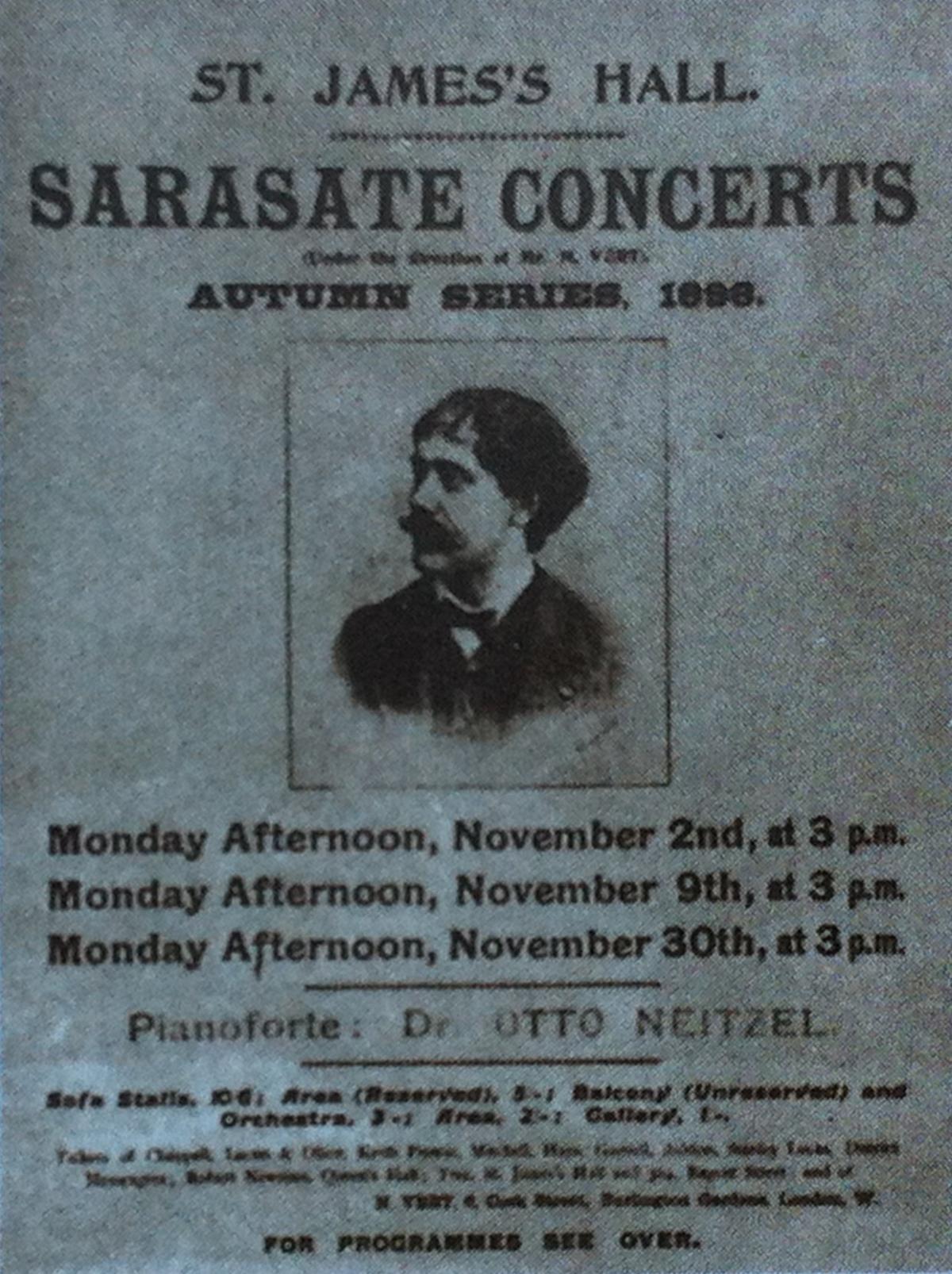 Three dates of Sarasate concerts at St. James's Hall listed with photo of Sarasate in center.