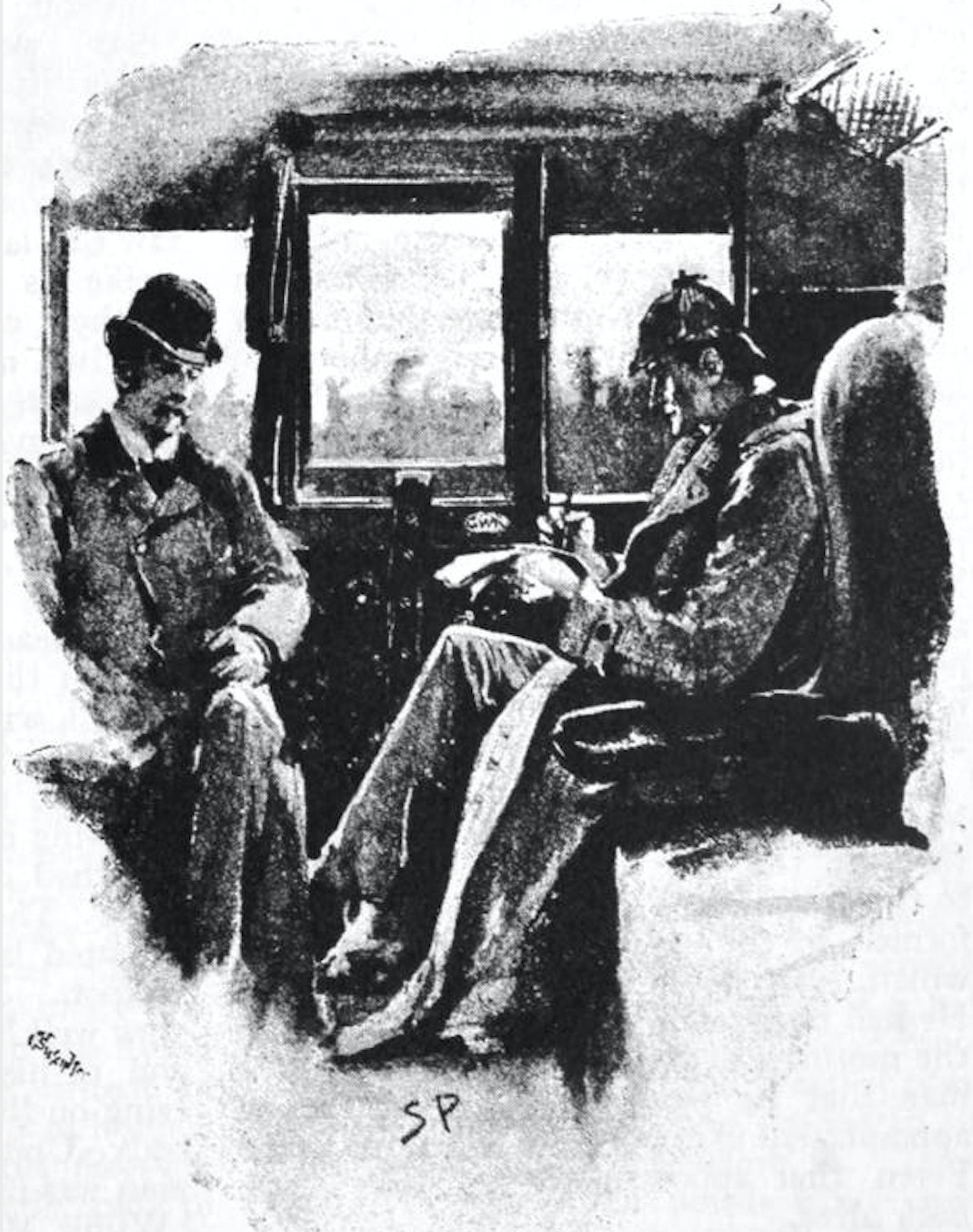 photographic reproduction of watercolour showing two men sitting in a train carriage 