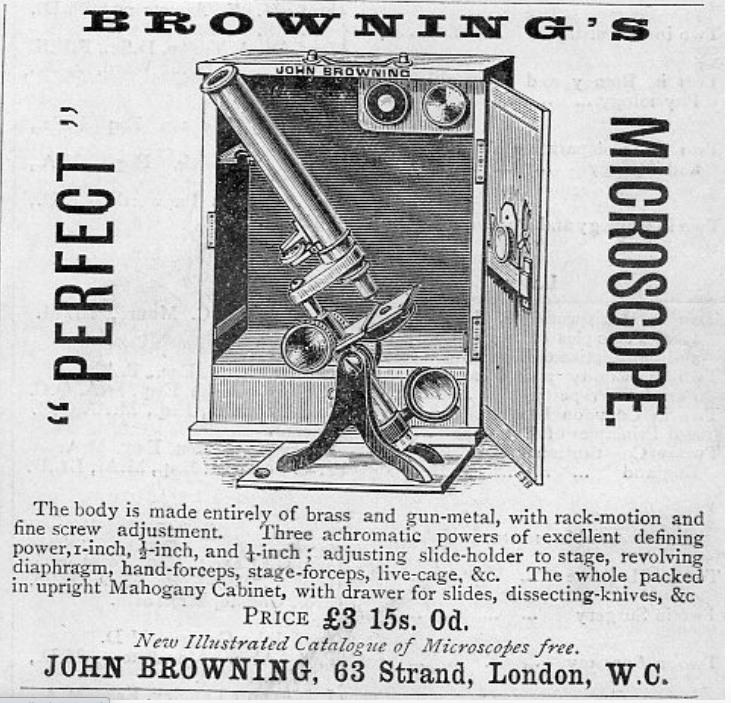 Browning's Perfect Microscope advertised with illustration of microscope and a list of its features.