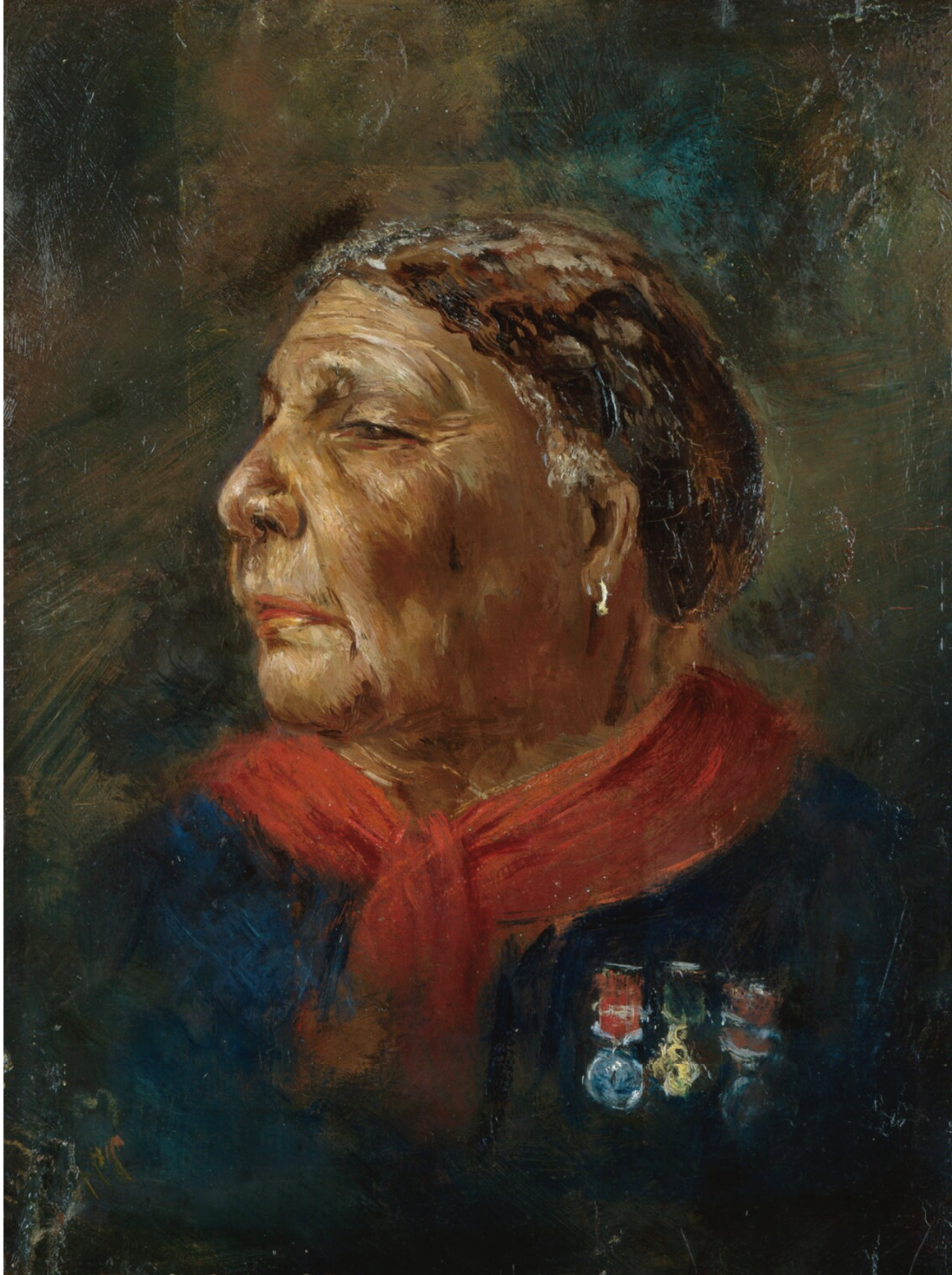 A painted portrait of Mary Seacole is displayed. Looking to the left, she wears six pins on her bust and a red scarf.