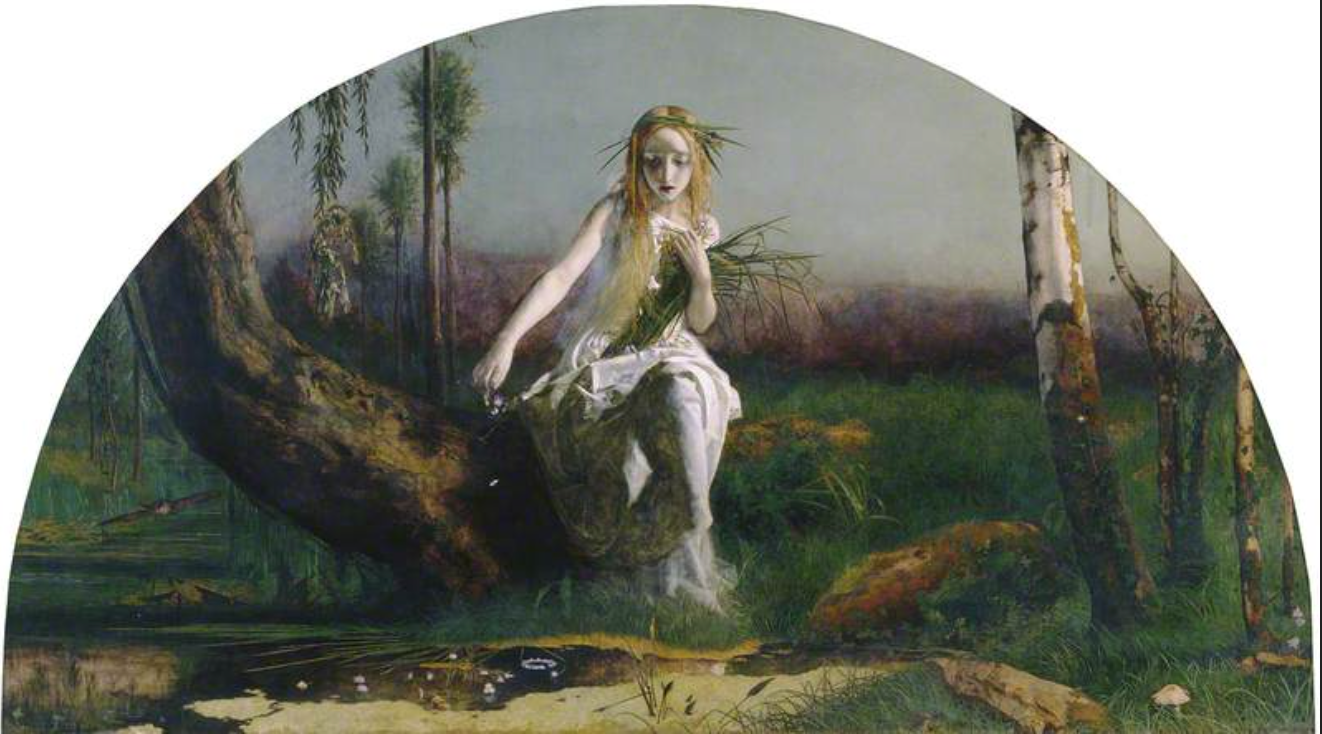 The painting depicts Shakespeare's 'Ophelia' in Hamlet advancing from a log towards water, in the centre of the painting
