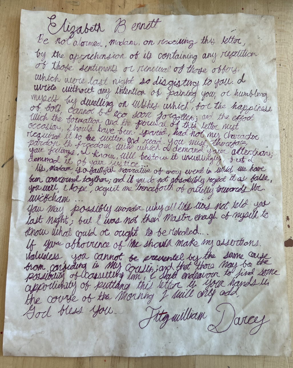 Recreation of Mr. Fitzwilliam Darcy's Letter to Ms. Elizabeth Bennet