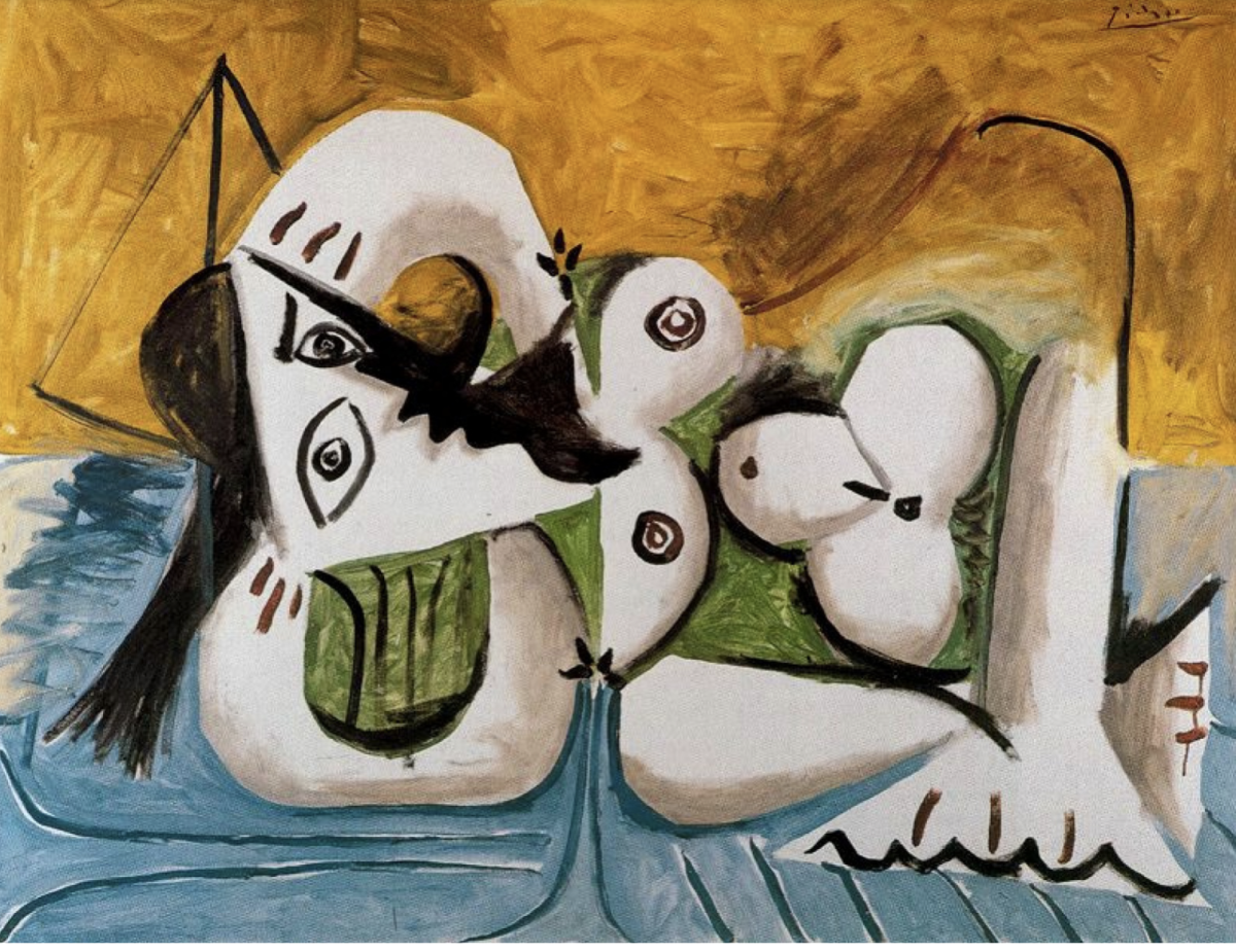 Alexandre Esguerra's 2025 Untitled Love and Paint Exhibition, Collage of Esguerra's Work, Pablo Picasso's 1966 Reclining Nude on a Blue Sofa, Miriam Schapiro's 1959 Mother and Child, Esguerra 2014 We Run in Mass, Esguerra 2018 Malai, Esguerra 2018 Where Does it Hurt?, Esguerra 2014 Ultimate Summer Kickoff, Esguerra's 2020 Be A Man, Esguerra's 2020 In God We Must, Esguerra's 2020 Taste No Evil, Esguerra's 2020 Eracism, Esguerra's 2020 Don't Cough On Me, Esguerra's 2020 BLM Tape, Esguerra's 2020 Prom, 