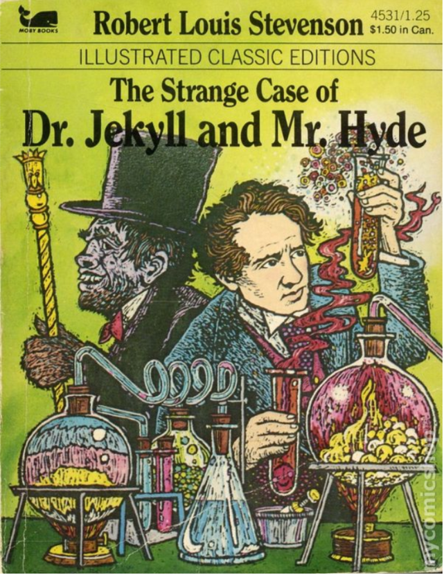 Colorful book illustration of Jekyll and Hyde