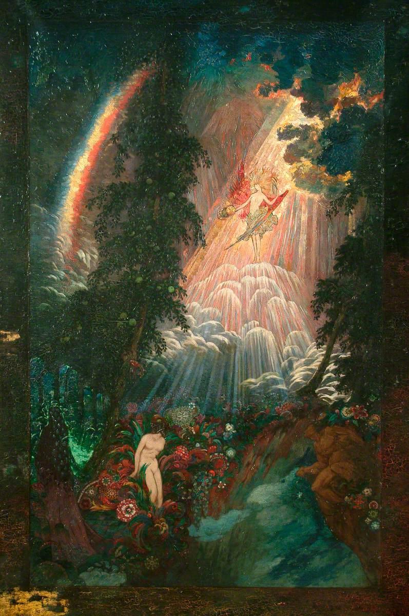 An oil painting of sunlight streaming into a forested space with what appears to be a waterfall in the background. There is a rainbow behind one of the trees reflecting light towards the viewer. Within the sunbeams is an angelic figure, around top middle of the painting. Bottom right, hidden in foliage, is a darker, more demonic figure, and bottom right, a regular, nude human woman amidst flowers.