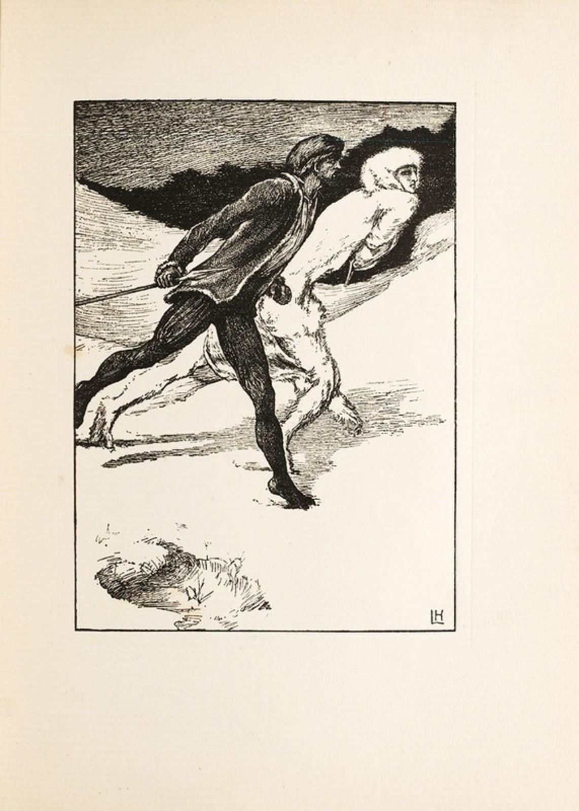 Wood-engraved illustration of White Fell transforming into her were-wolf form as she is chased out onto the snow by Christian.