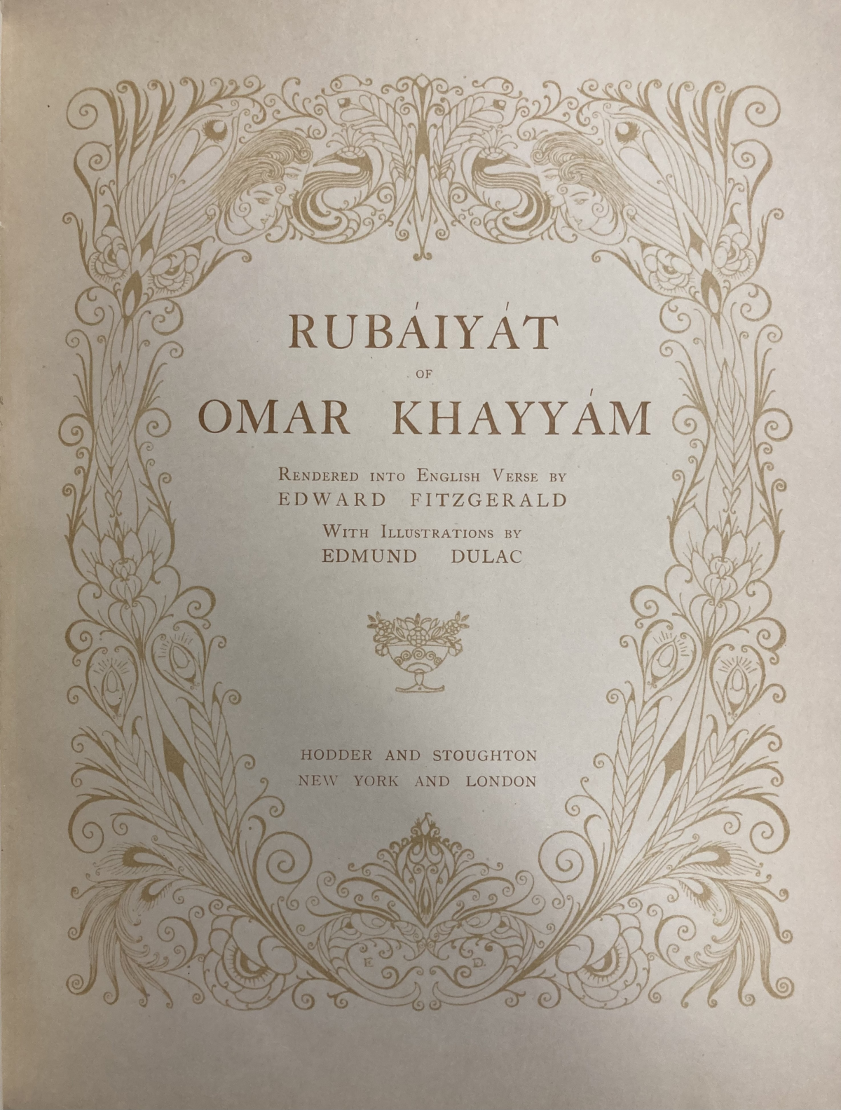 Front cloth cover of edition, gilt debossed title and decorative border., Plate mounted on leaf with decorative border. , Title page of the edition.