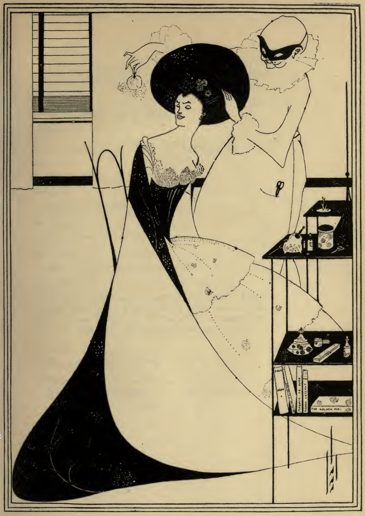 Illustration of Salome by Aubrey Beardsley. Salome is pictured in Victorian dress being groomed by a Pierrot-Harlequin figure in a mask.