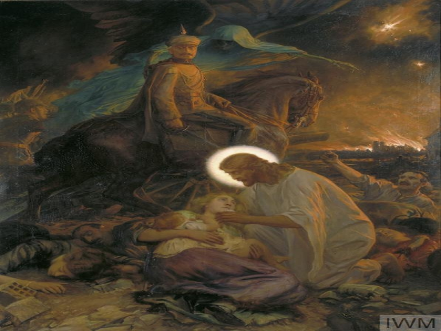 Kaiser Wilhelm II on a horse looking down on Jesus tending to a woman