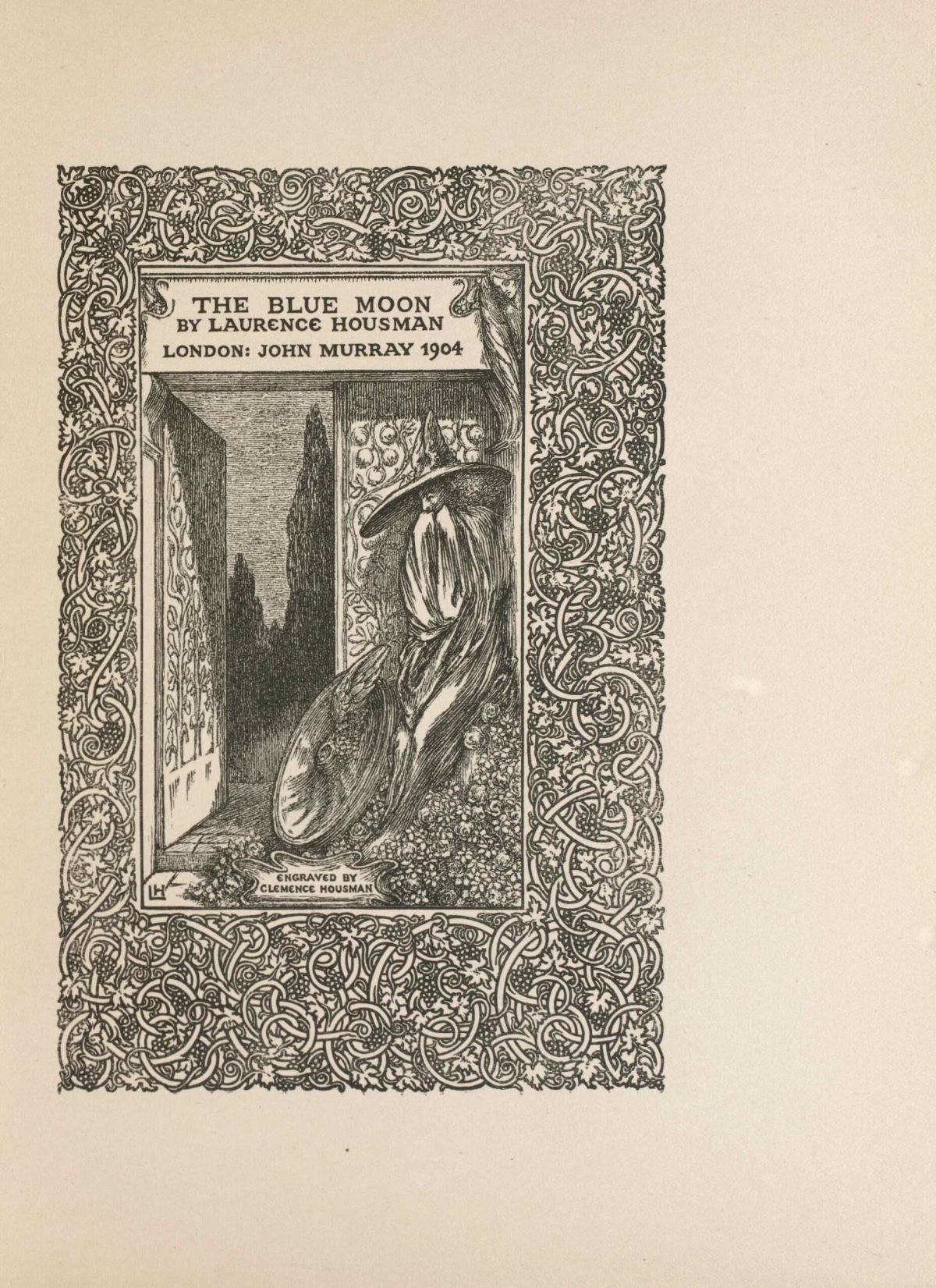 The detailed design showing a bearded figure in a broad hat standing by a door into a garden is surrounded by  an intricate tracery of vines and grapes.