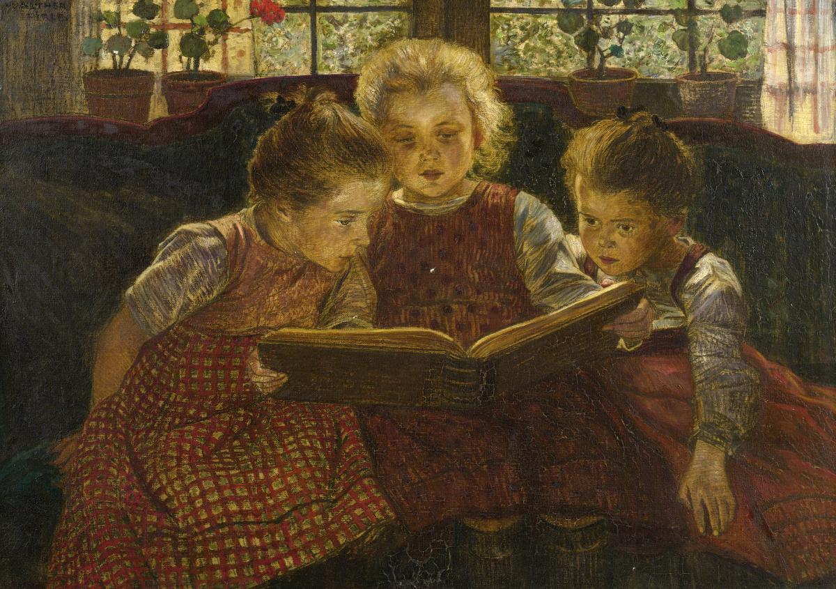 Painting of three young girls in red dresses looking at an open book.