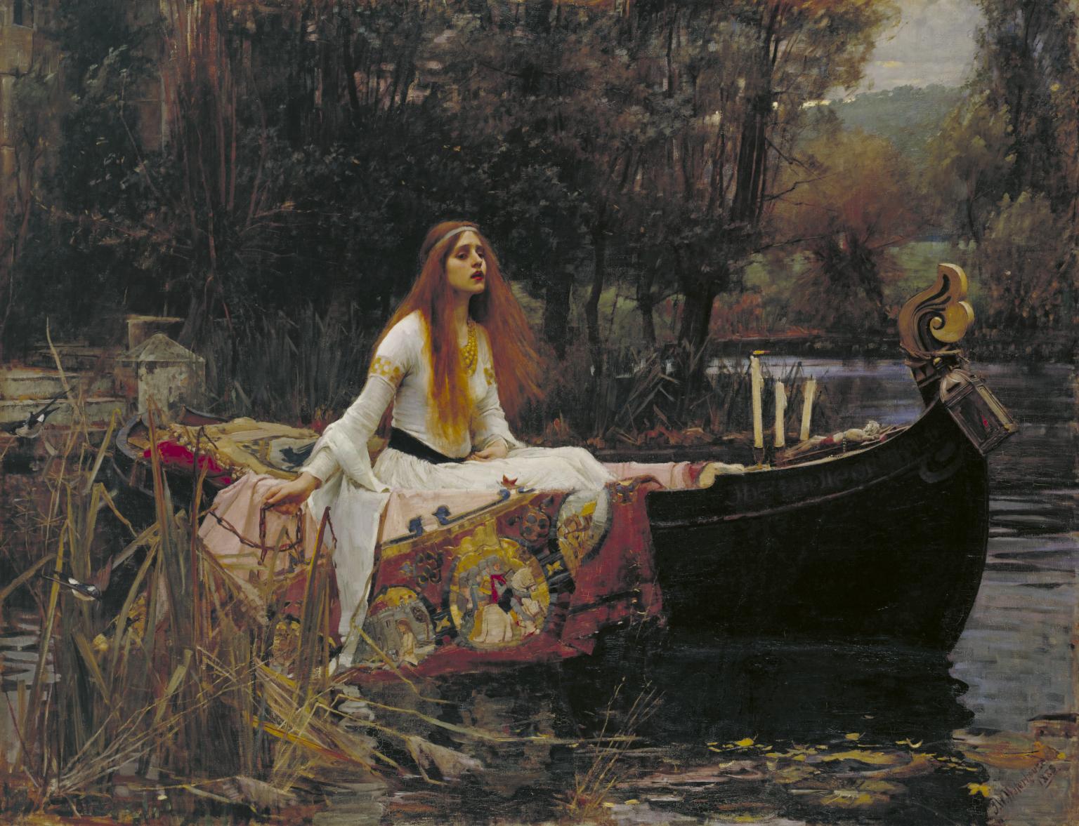 The painting depicts Tennyson's 'The Lady of Shalott' sitting upright in a boat with a solemn expression. She is surrounded by red and brown vegetation