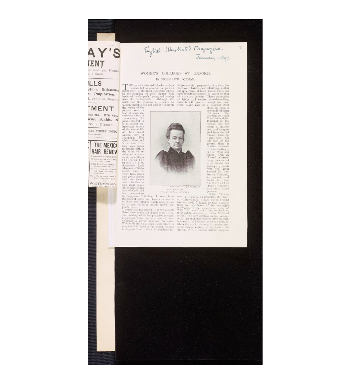 A scrapbook page presenting the history of Women's Colleges at Oxford, with an inset image of the Principal of Somerville College