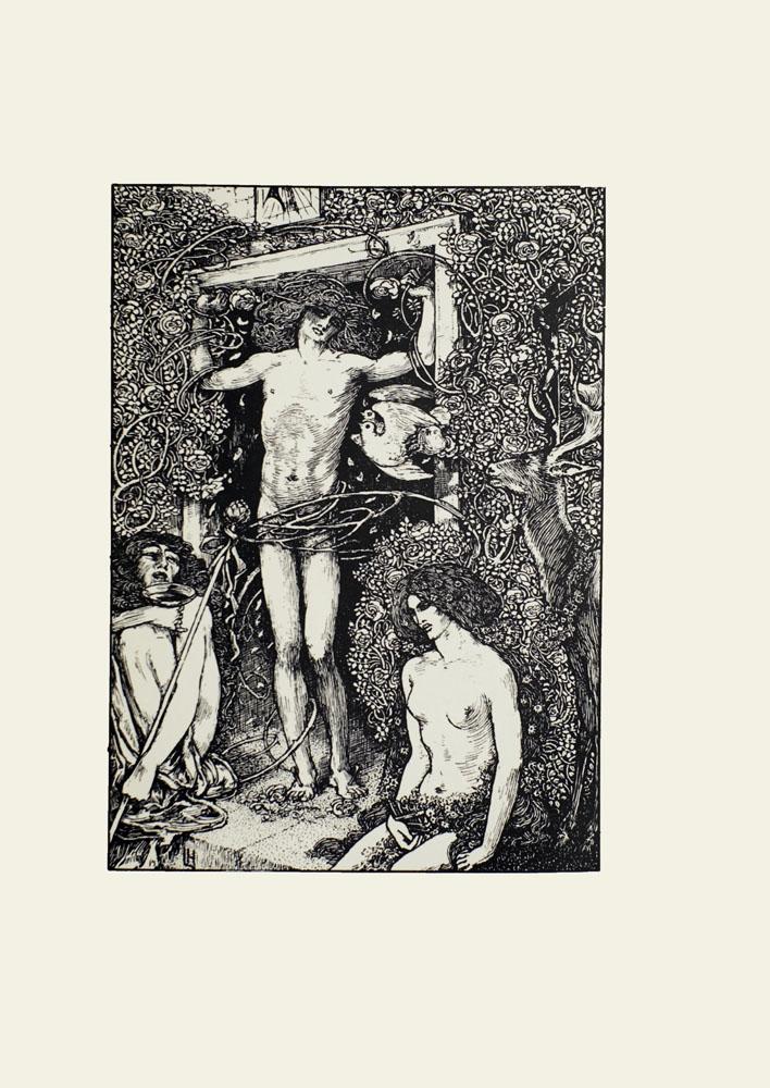 THe black-and-white line drawing depicts three naked or semi-naked male figures around an open doorway.