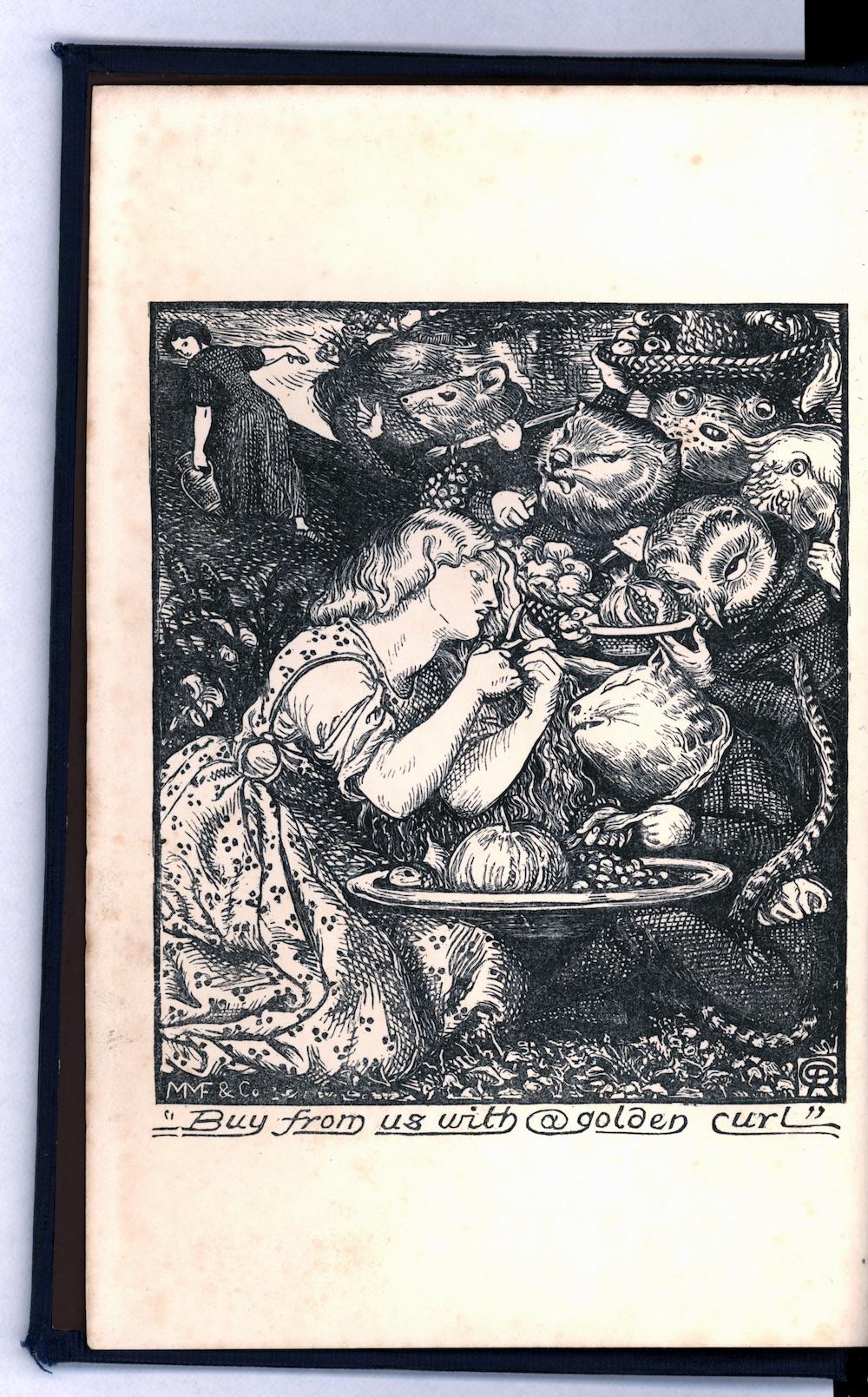 Black-and-white wood engraved image of a kneeling woman surrounded by goblins and fruit