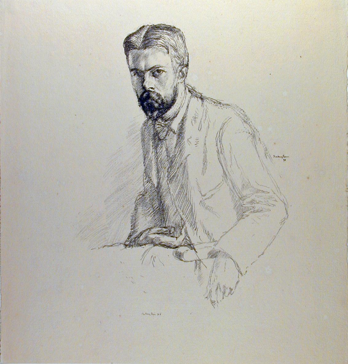 The image shows a line drawing of the head and torso of a man in a suit jacket with a trimmed beardseated in three quarter position.,