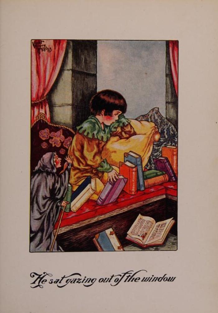 Prince Dolor is surrounded by his castle of books as he gazes out the window, with his godmother appearing on the side.