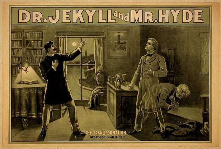 Theatrical poster of Jekyll and Hyde, Jekyll/ Hyde transforming with shocked third party