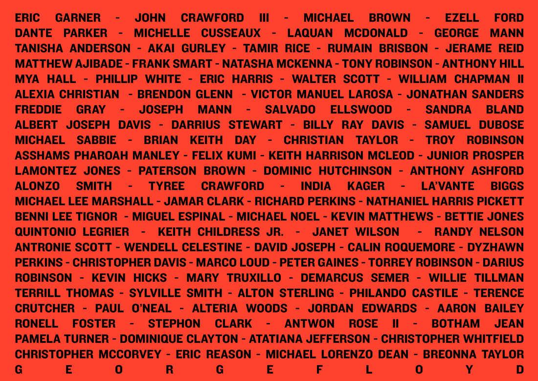 Names of over 100 Black People killed by police written in black ink with a red background