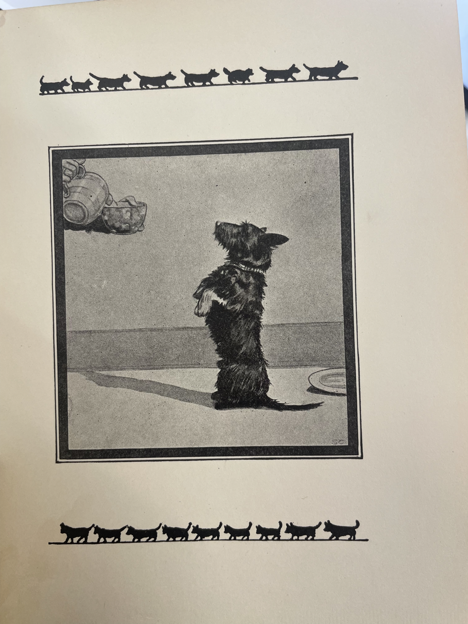This is a picture of the Scottish Terrier that is presumably named 'Socks' that inspired this edition. It is the only real photograph in the entire edition., This is the hardback cover of the edition. It shares the same photograph of the Scottish terrier as that in the frontispiece., This is the epigraph that quotes three paragraphs of Senator George Graham Vest's speech entitled 'Eulogy of the dog.', This is a drawing of the terrier begging for food from its owner. 