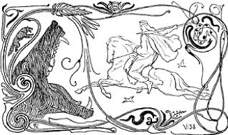 Odin Rides to Battle against Fenrir. Published in Gjellerup, Karl (1895). Den ældre Eddas Gudesange, p. 17. Photographed from a 2001 reprint by User:Haukurth. Wikimedia Commons
