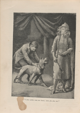 Christian restrains Tyr from attacking White Fell in Everard Hopkins's illustration for Atalanta (1890). Public Domain